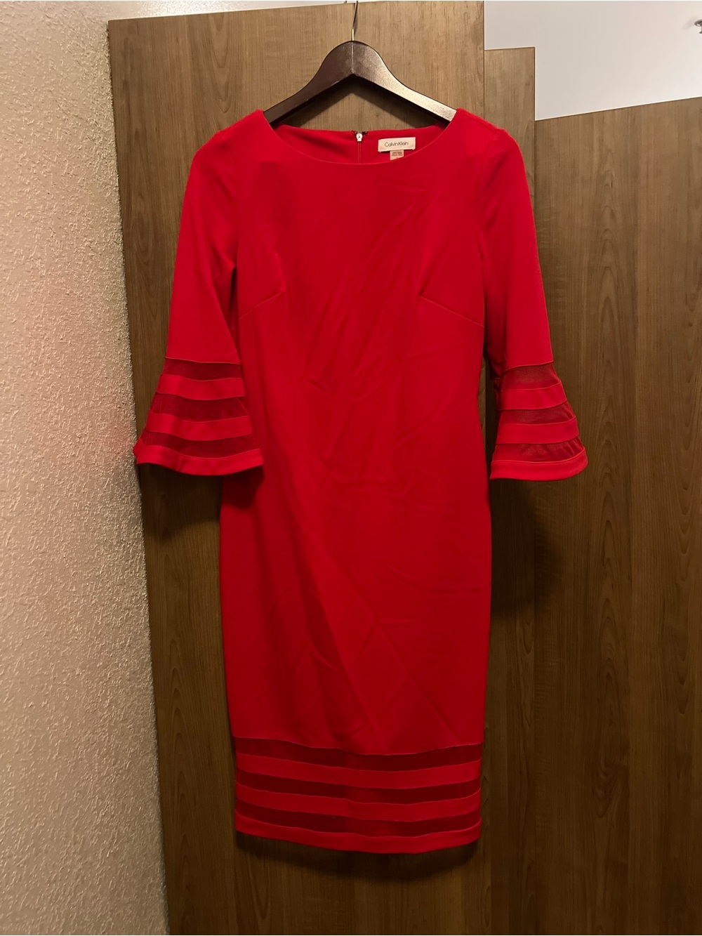 Calvin Klein Red Midi Sheath Dress with Tiered Bell Sleeves